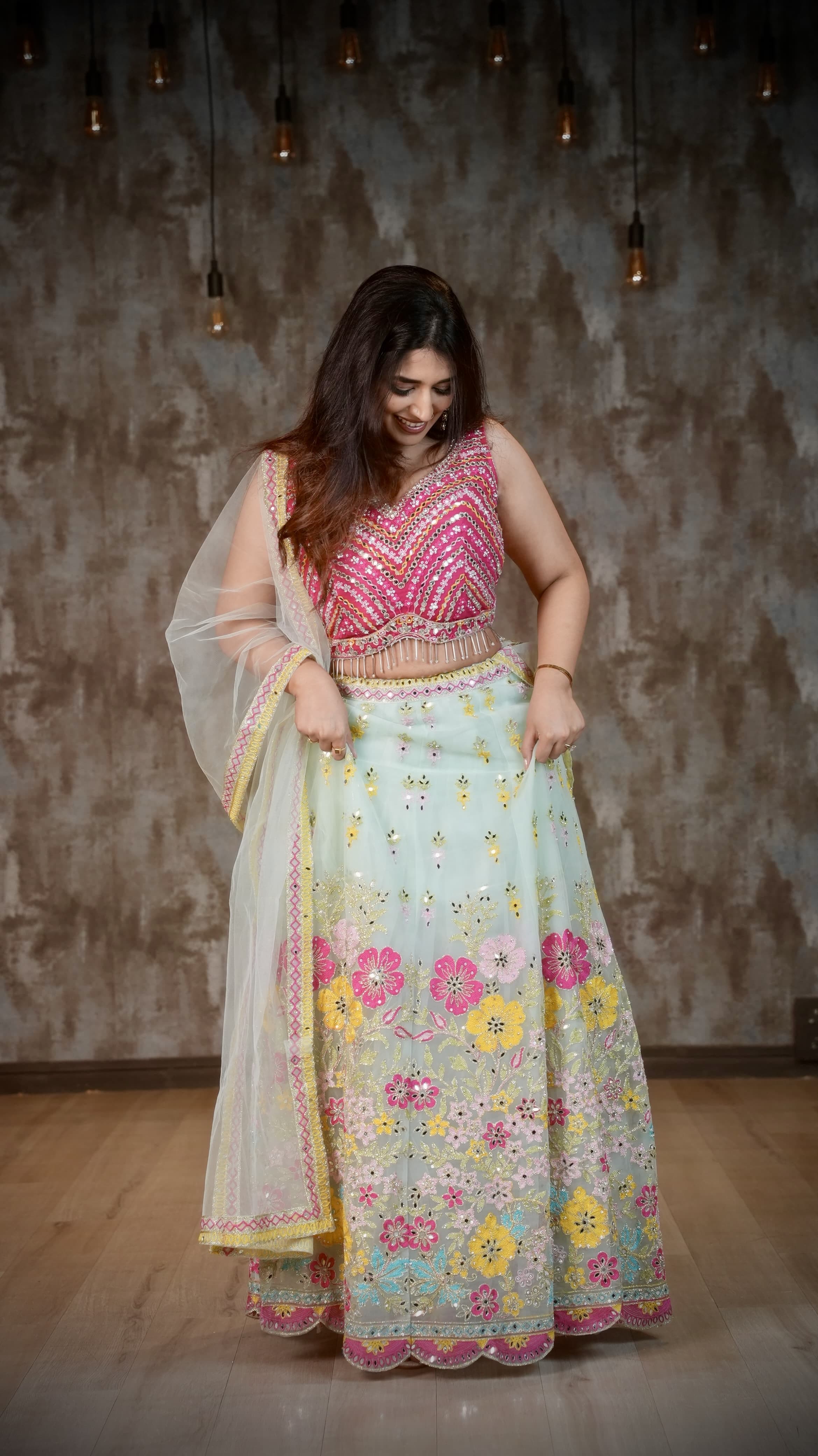 Pink & Mint Green Floral Embroidered Lehenga Choli Set with Mirror Work & Dupatta