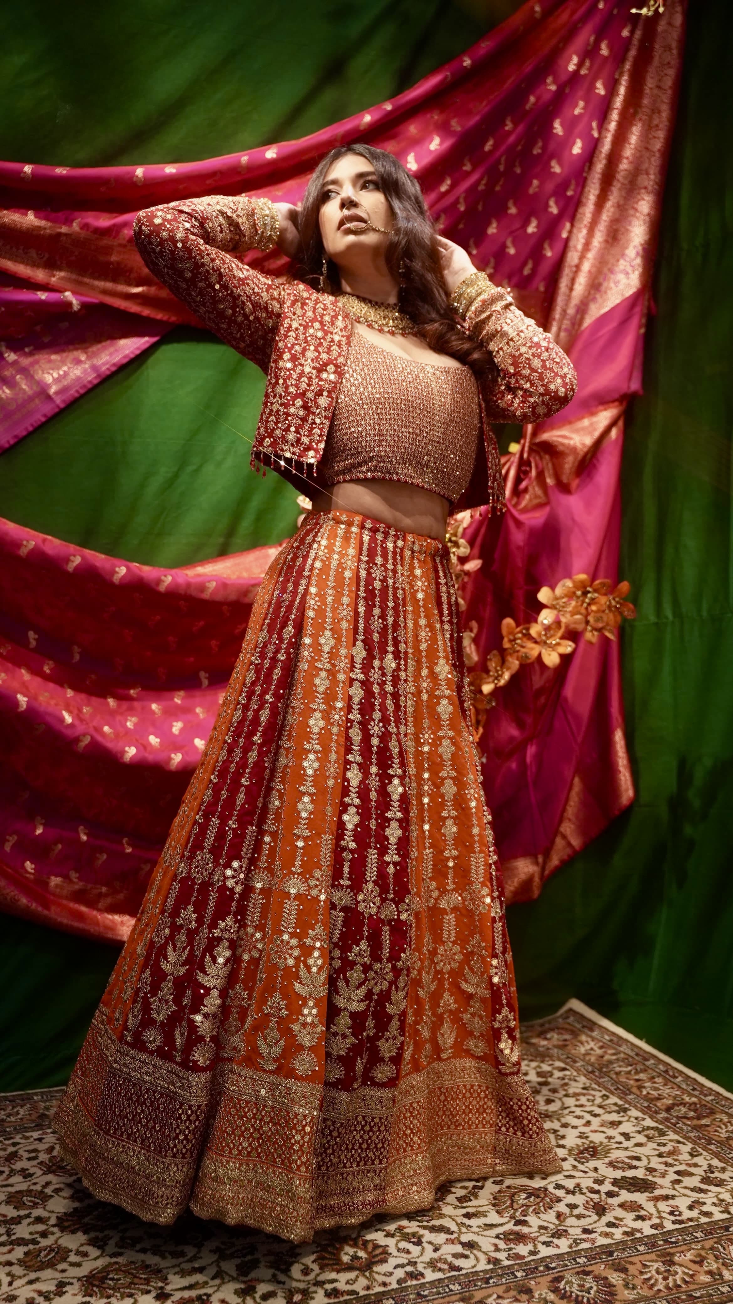 Orange & Magenta Embroidered Lehenga Set with Jacket for Wedding & Festive Wear