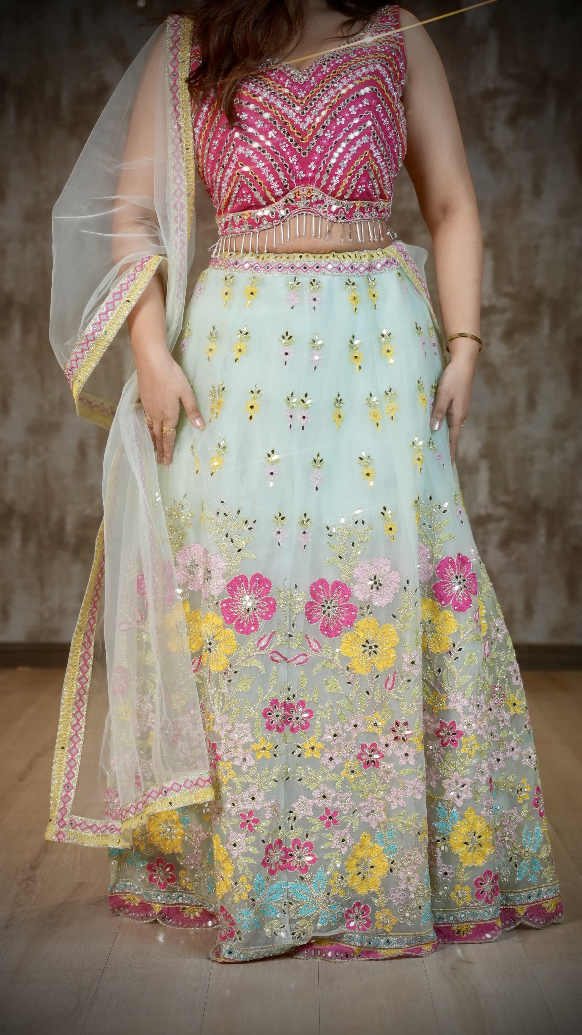 Pink & Mint Green Floral Embroidered Lehenga Choli Set with Mirror Work & Dupatta