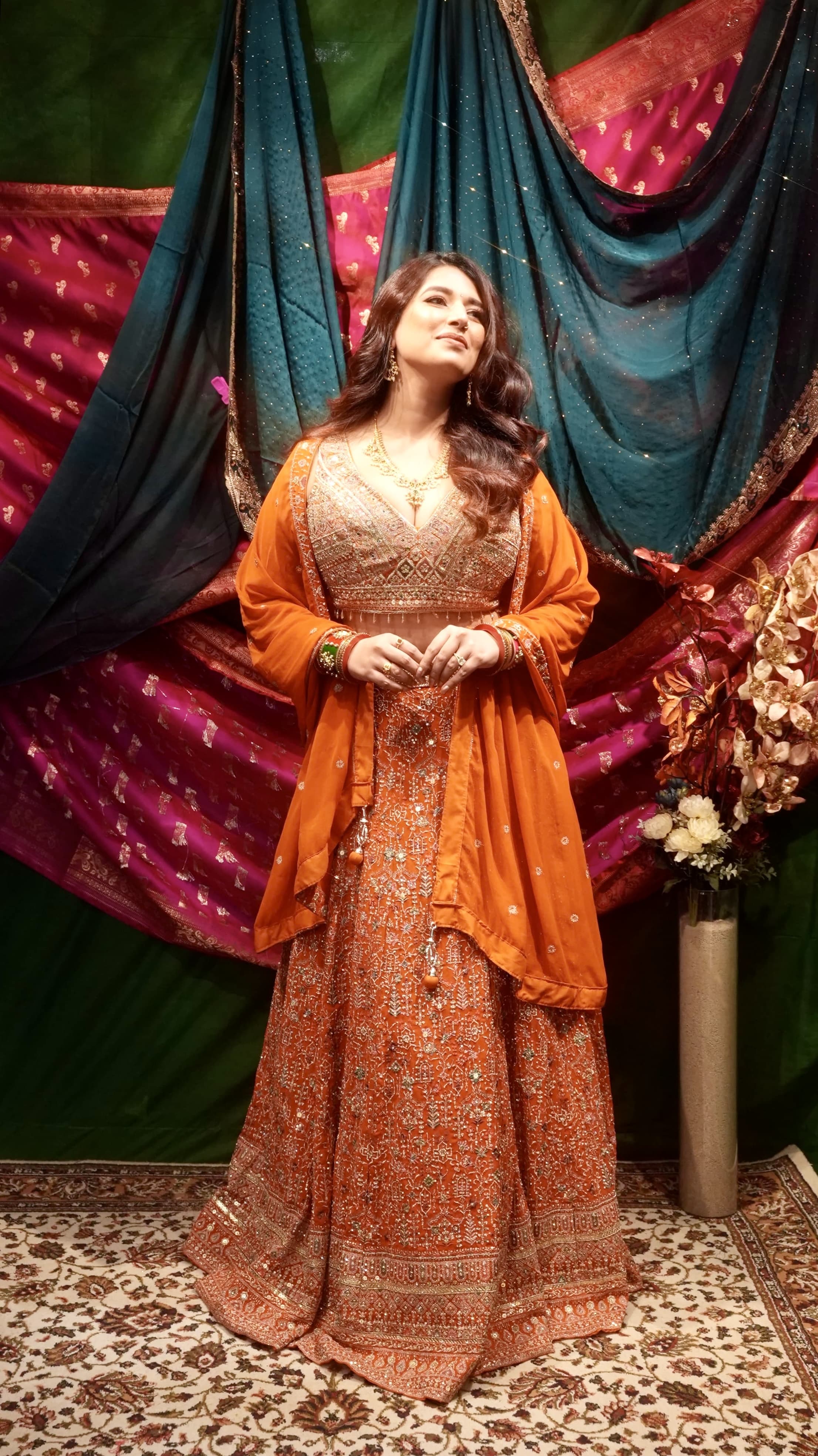 Priyanka Chopra Inspired Orange Georgette Lehenga Set with Heavy Embroidery & Dupatta