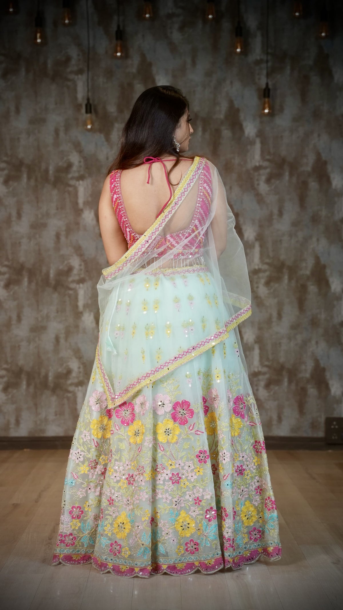 Pink & Mint Green Floral Embroidered Lehenga Choli Set with Mirror Work & Dupatta