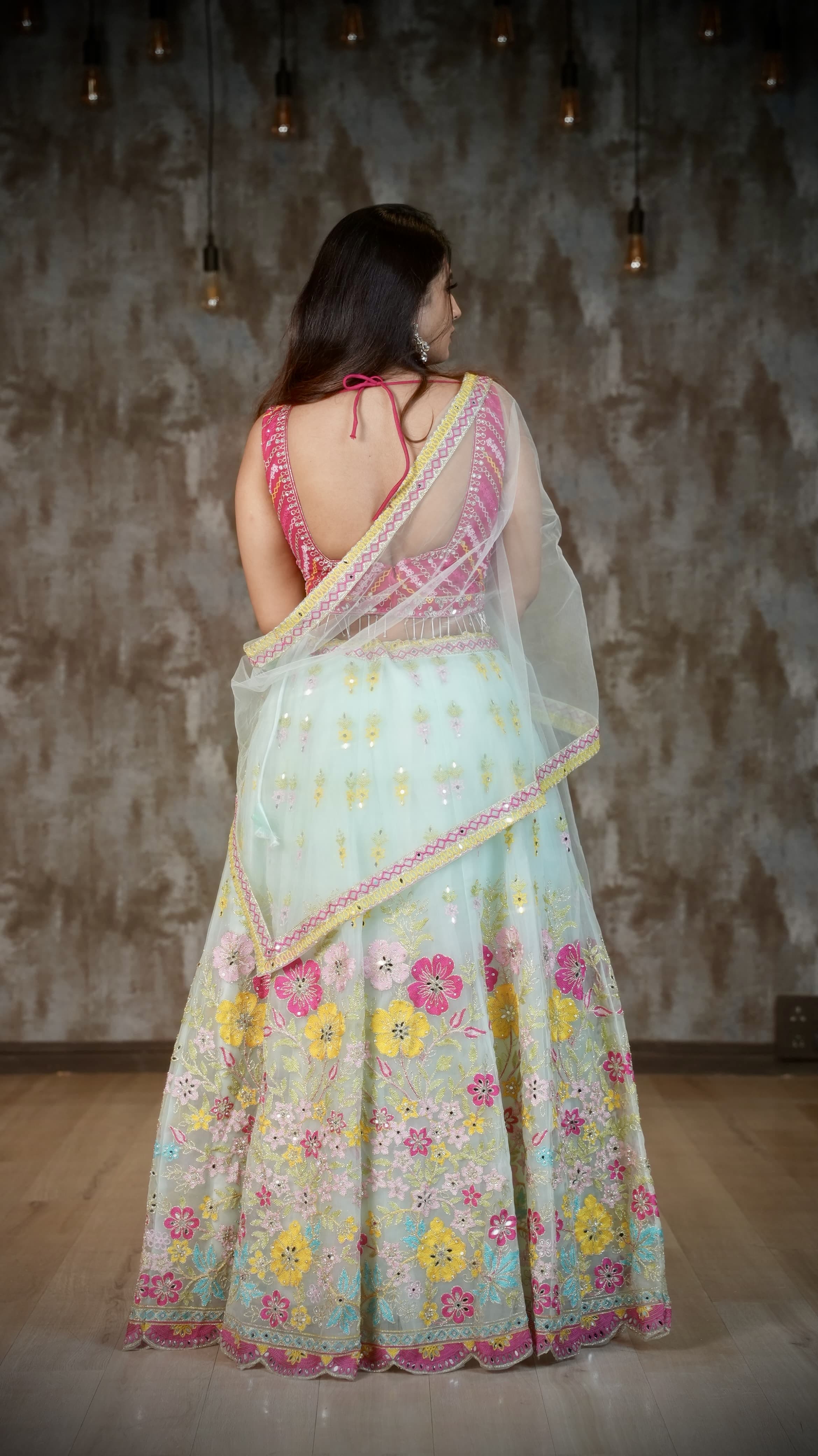Pink & Mint Green Floral Embroidered Lehenga Choli Set with Mirror Work & Dupatta