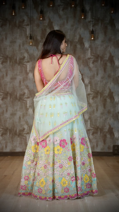Pink & Mint Green Floral Embroidered Lehenga Choli Set with Mirror Work & Dupatta
