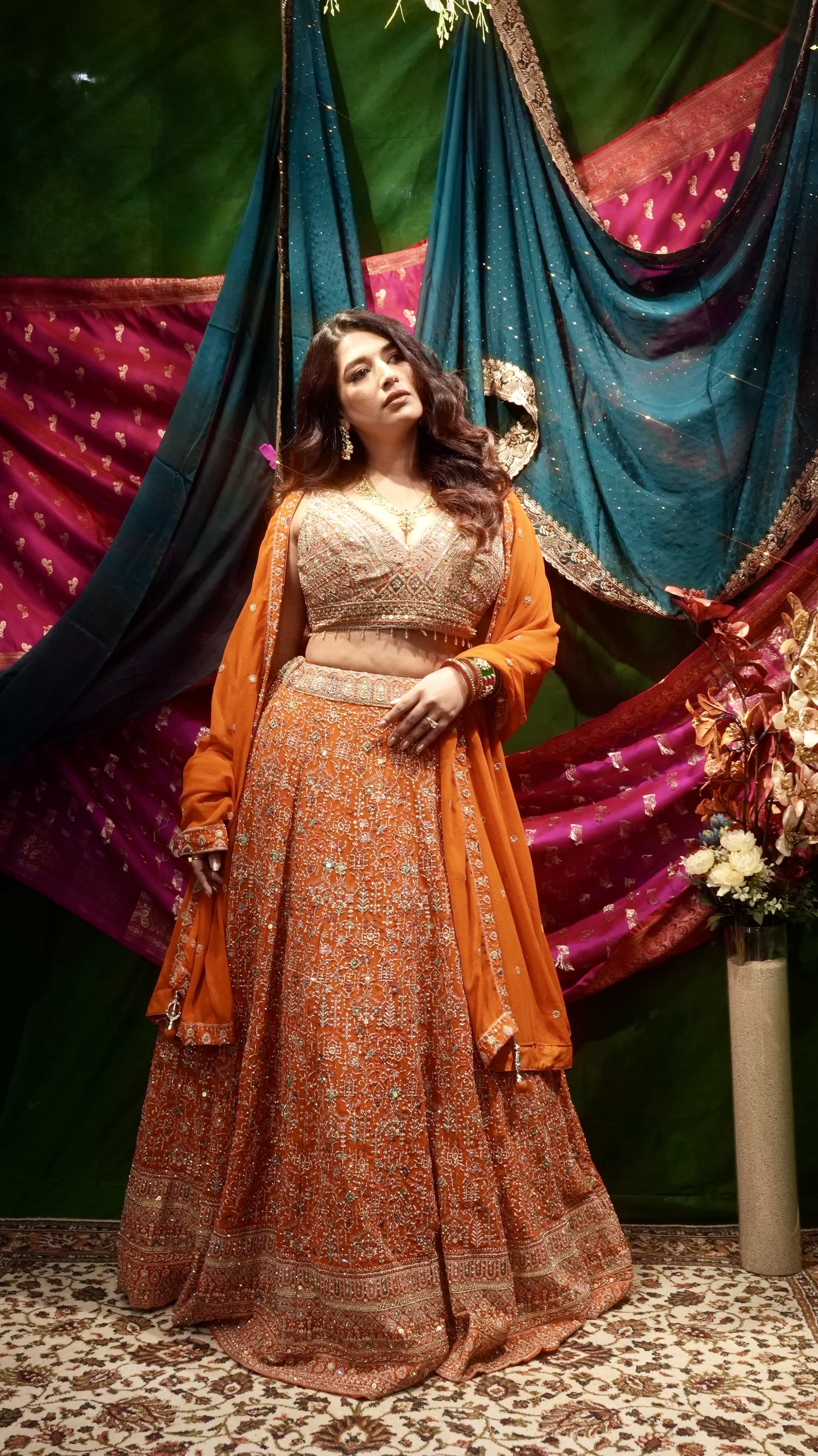 Priyanka Chopra Inspired Orange Georgette Lehenga Set with Heavy Embroidery & Dupatta