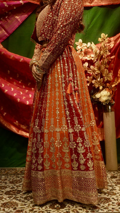 Orange & Magenta Embroidered Lehenga Set with Jacket for Wedding & Festive Wear