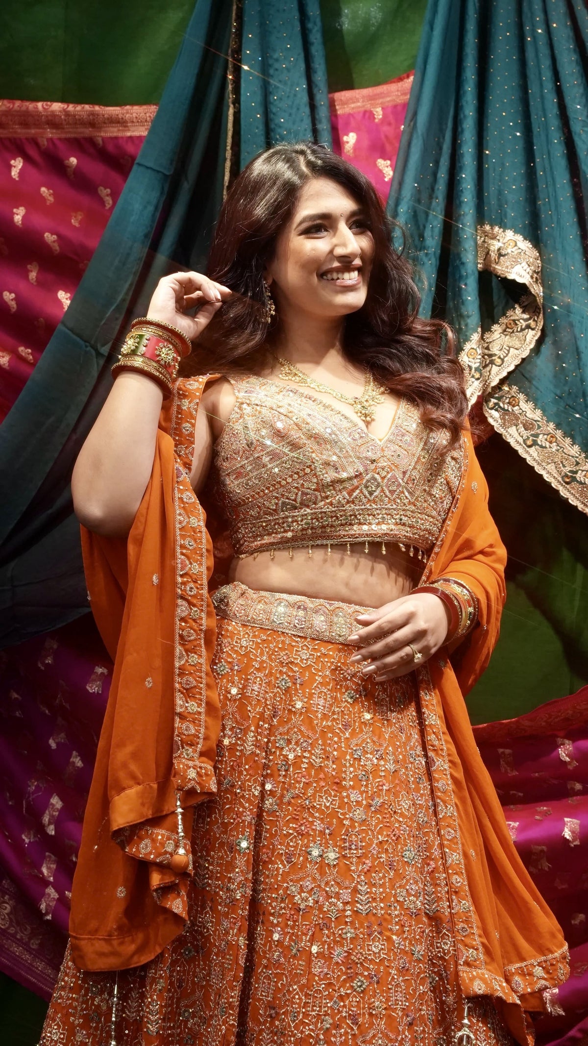 Priyanka Chopra Inspired Orange Georgette Lehenga Set with Heavy Embroidery & Dupatta
