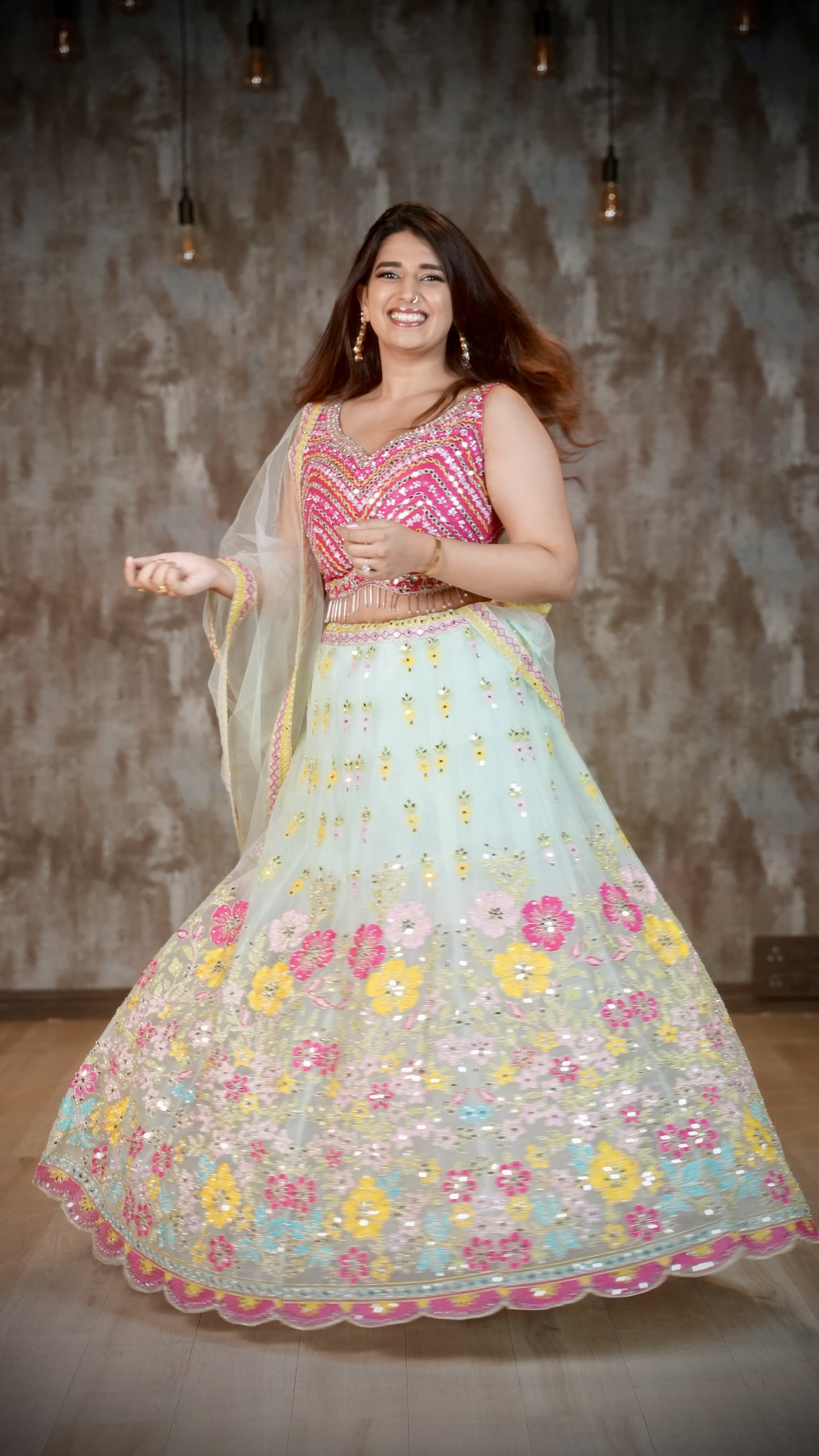 Pink & Mint Green Floral Embroidered Lehenga Choli Set with Mirror Work & Dupatta