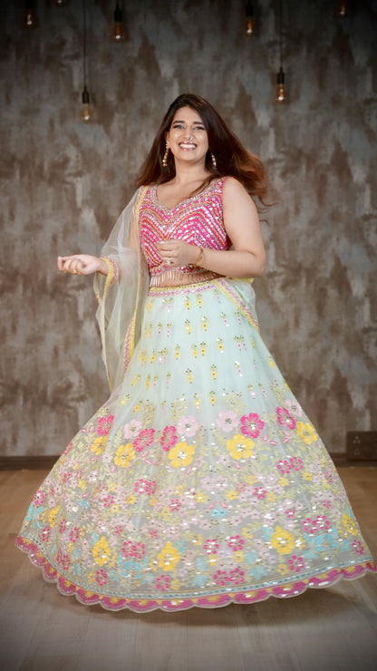 Pink & Mint Green Floral Embroidered Lehenga Choli Set with Mirror Work & Dupatta