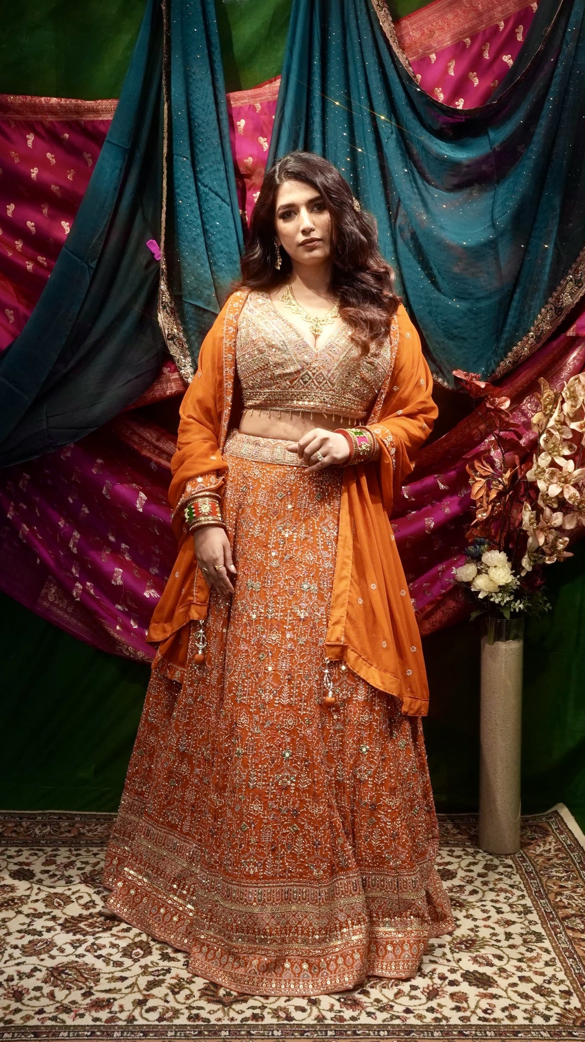Priyanka Chopra Inspired Orange Georgette Lehenga Set with Heavy Embroidery & Dupatta