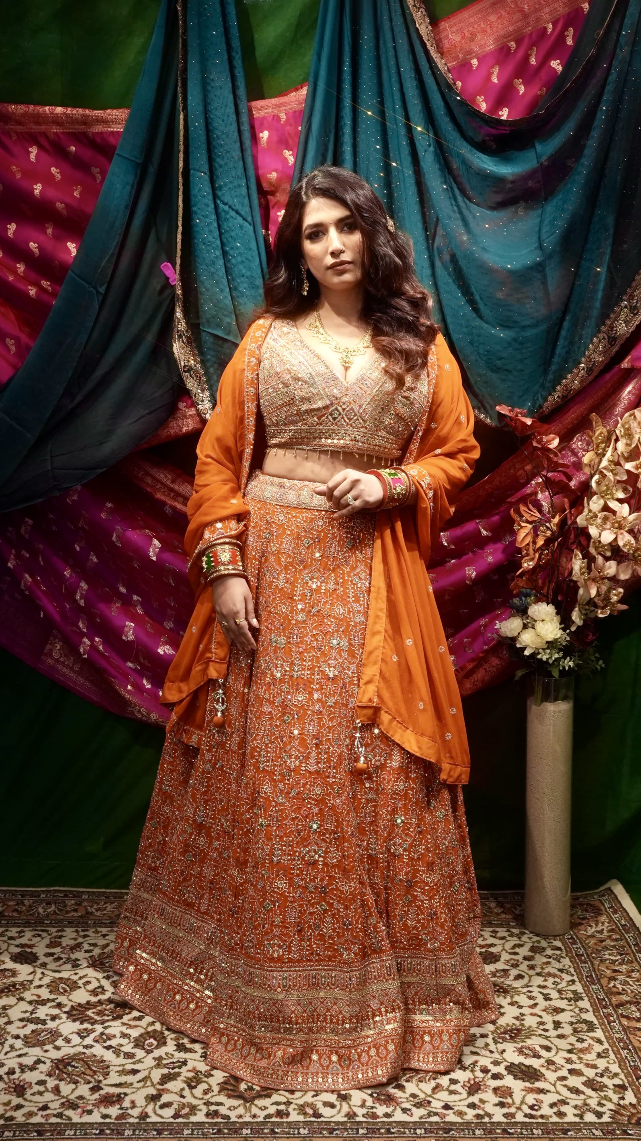 Priyanka Chopra Inspired Orange Georgette Lehenga Set with Heavy Embroidery & Dupatta