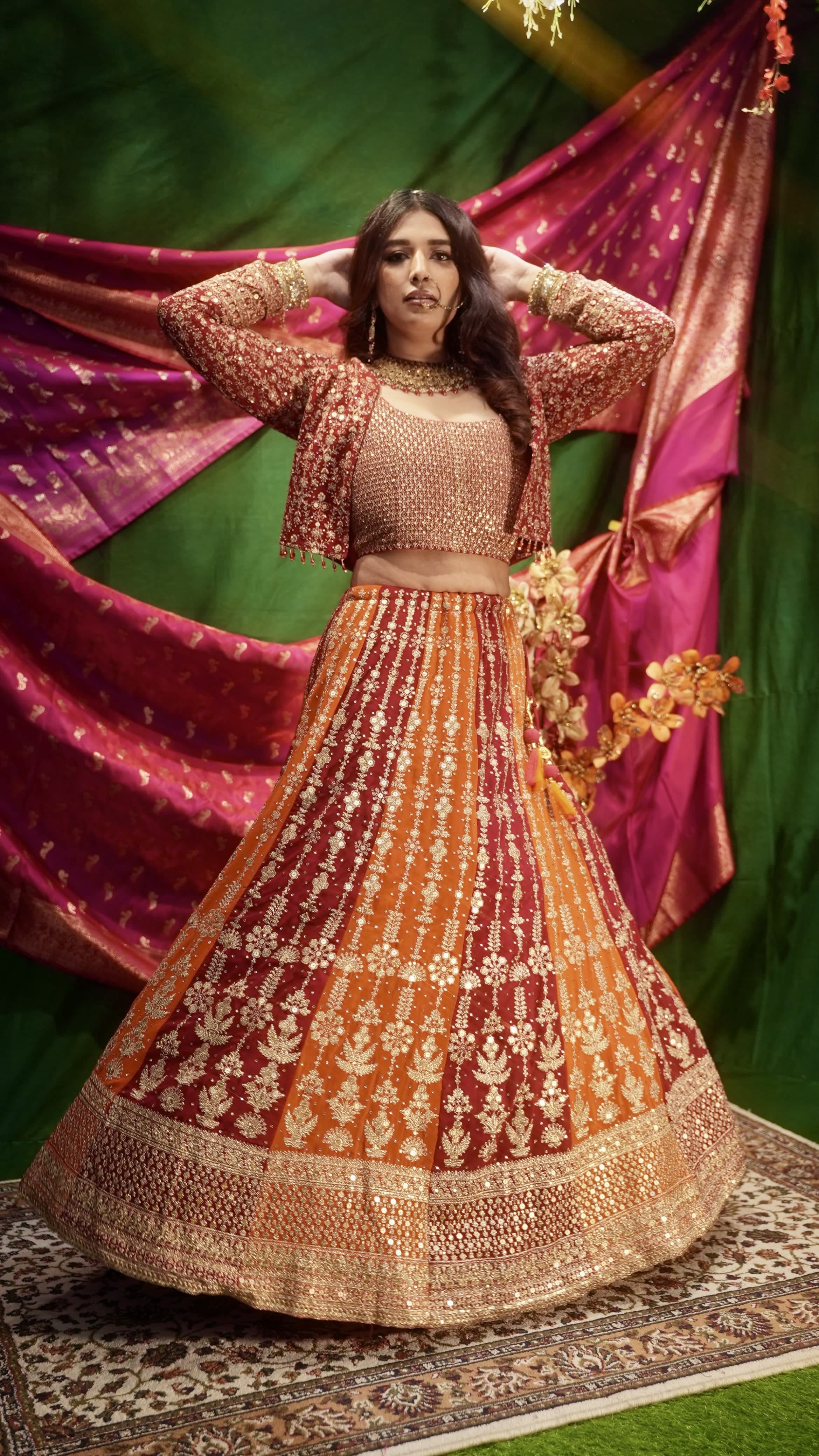 Orange & Magenta Embroidered Lehenga Set with Jacket for Wedding & Festive Wear