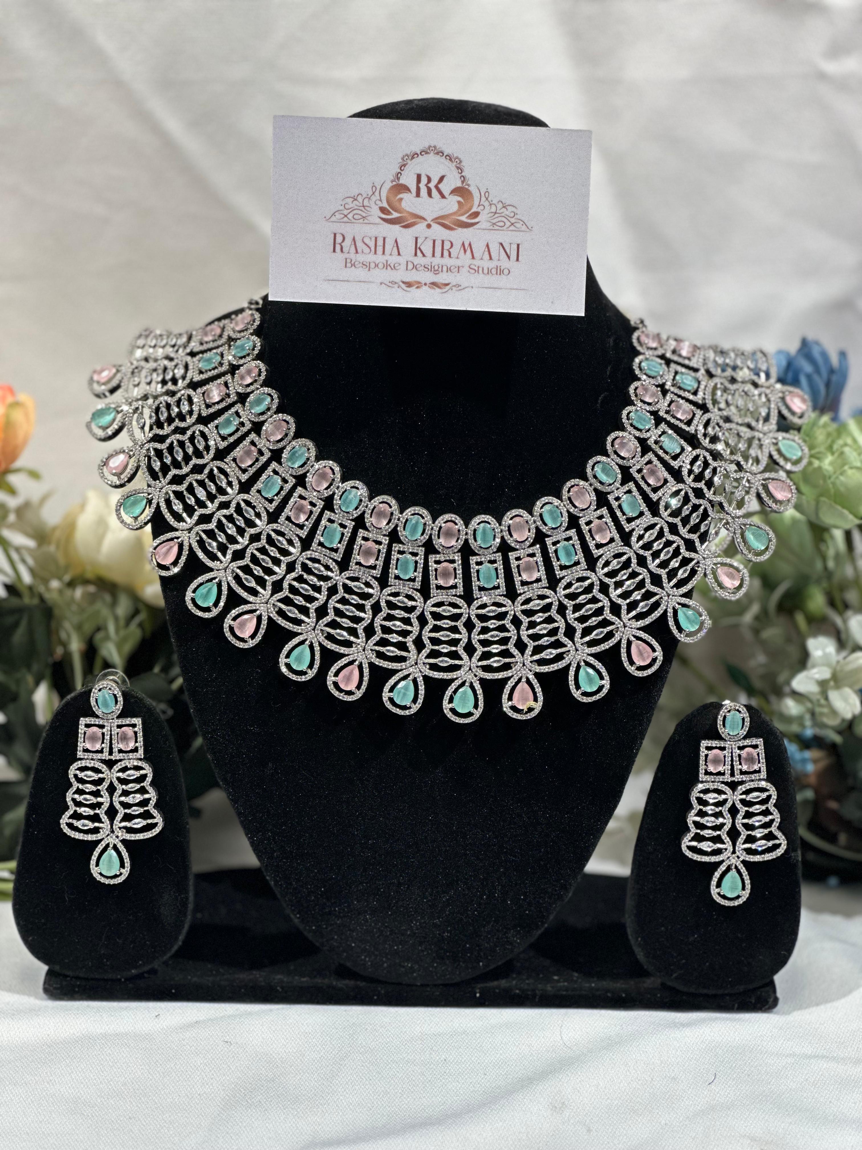 Luxury American Diamond Haar Set for Women - Designer AD Necklace Set with Earrings | Wedding & Party Jewellery