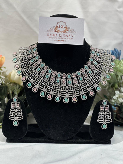 Luxury American Diamond Haar Set for Women - Designer AD Necklace Set with Earrings | Wedding & Party Jewellery