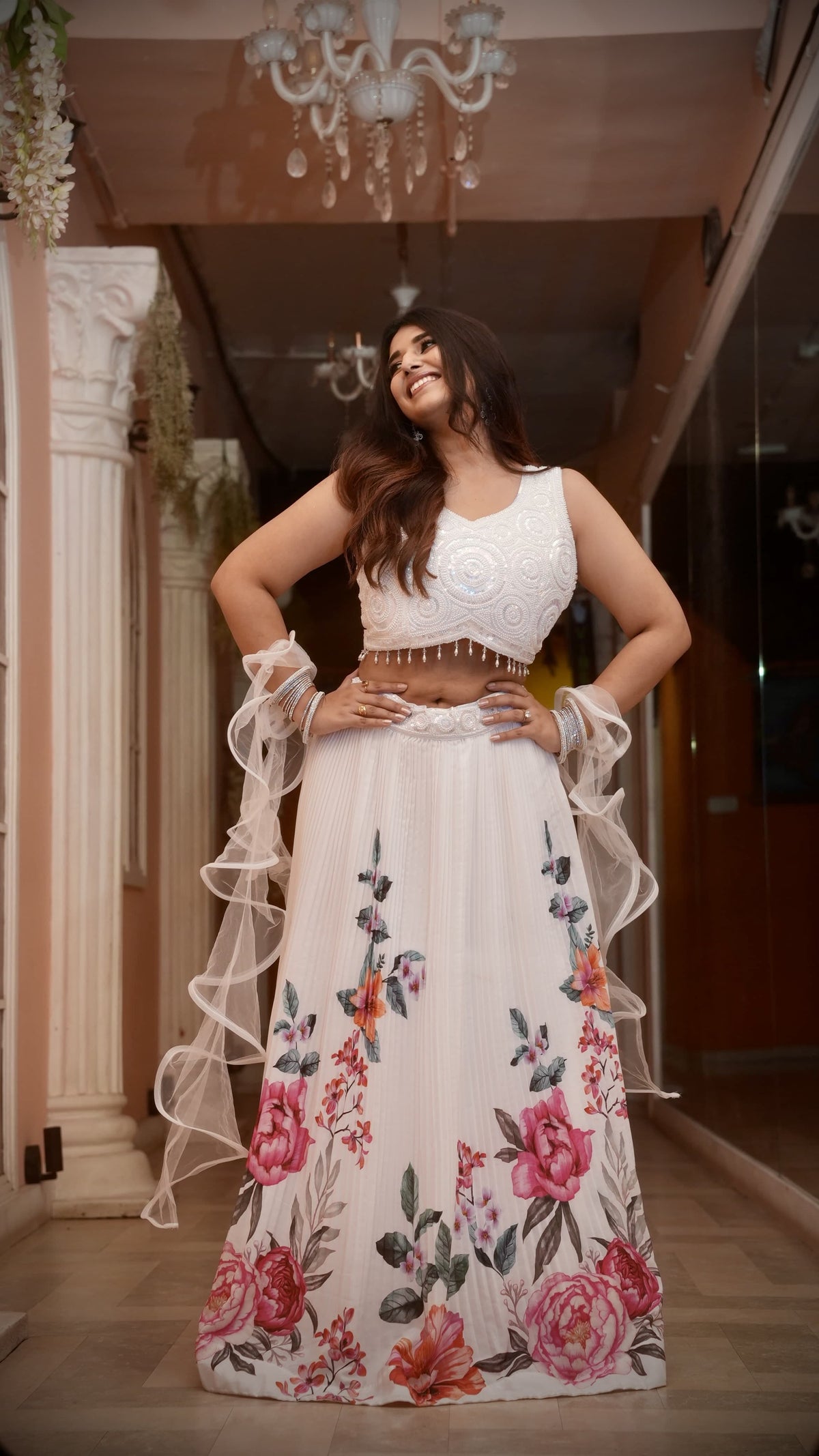 Ivory White Floral Printed Lehenga Choli Set with Pearl Embellished Blouse & Ruffle Dupatta