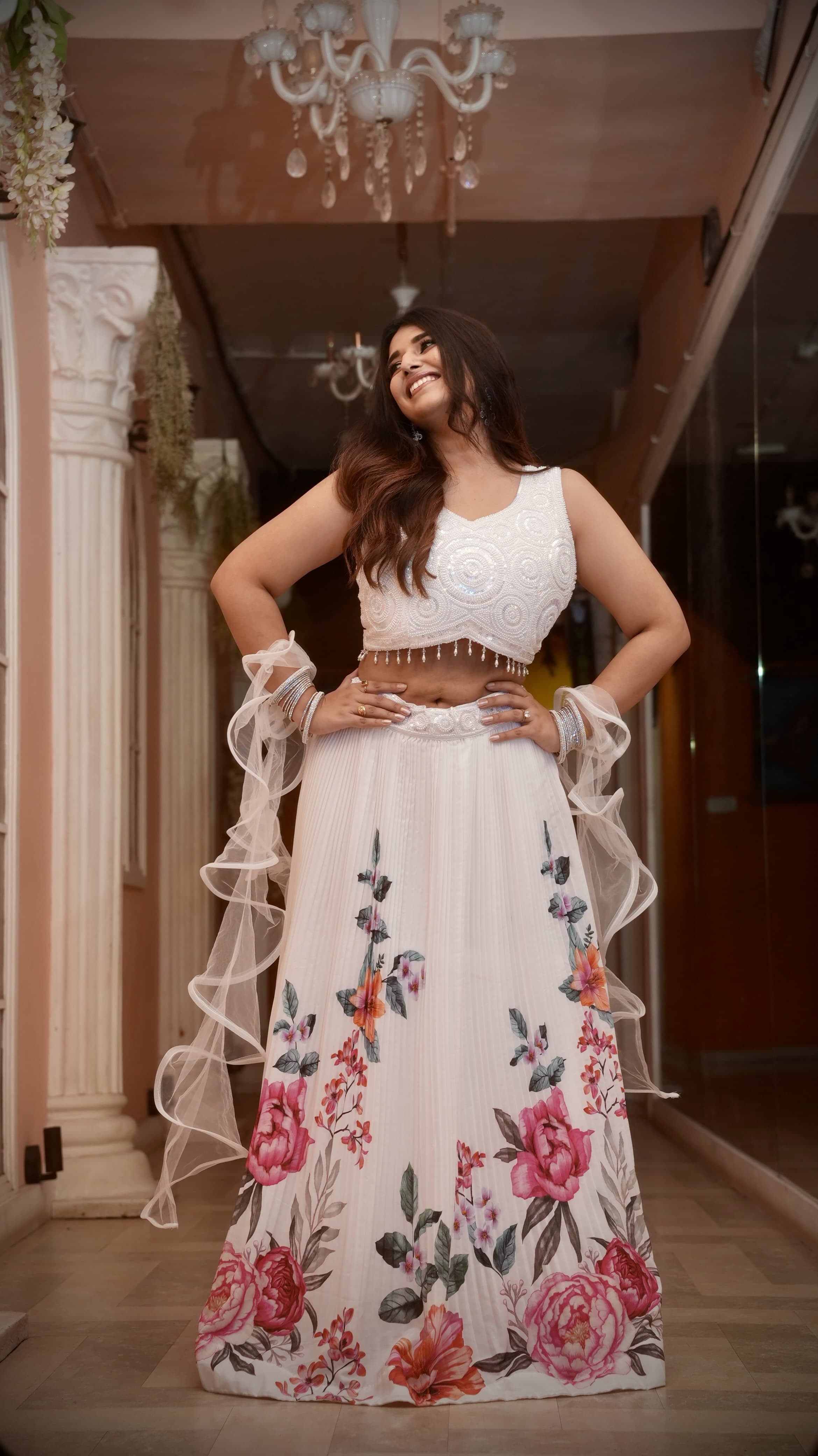 Ivory White Floral Printed Lehenga Choli Set with Pearl Embellished Blouse & Ruffle Dupatta