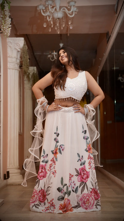 Ivory White Floral Printed Lehenga Choli Set with Pearl Embellished Blouse & Ruffle Dupatta