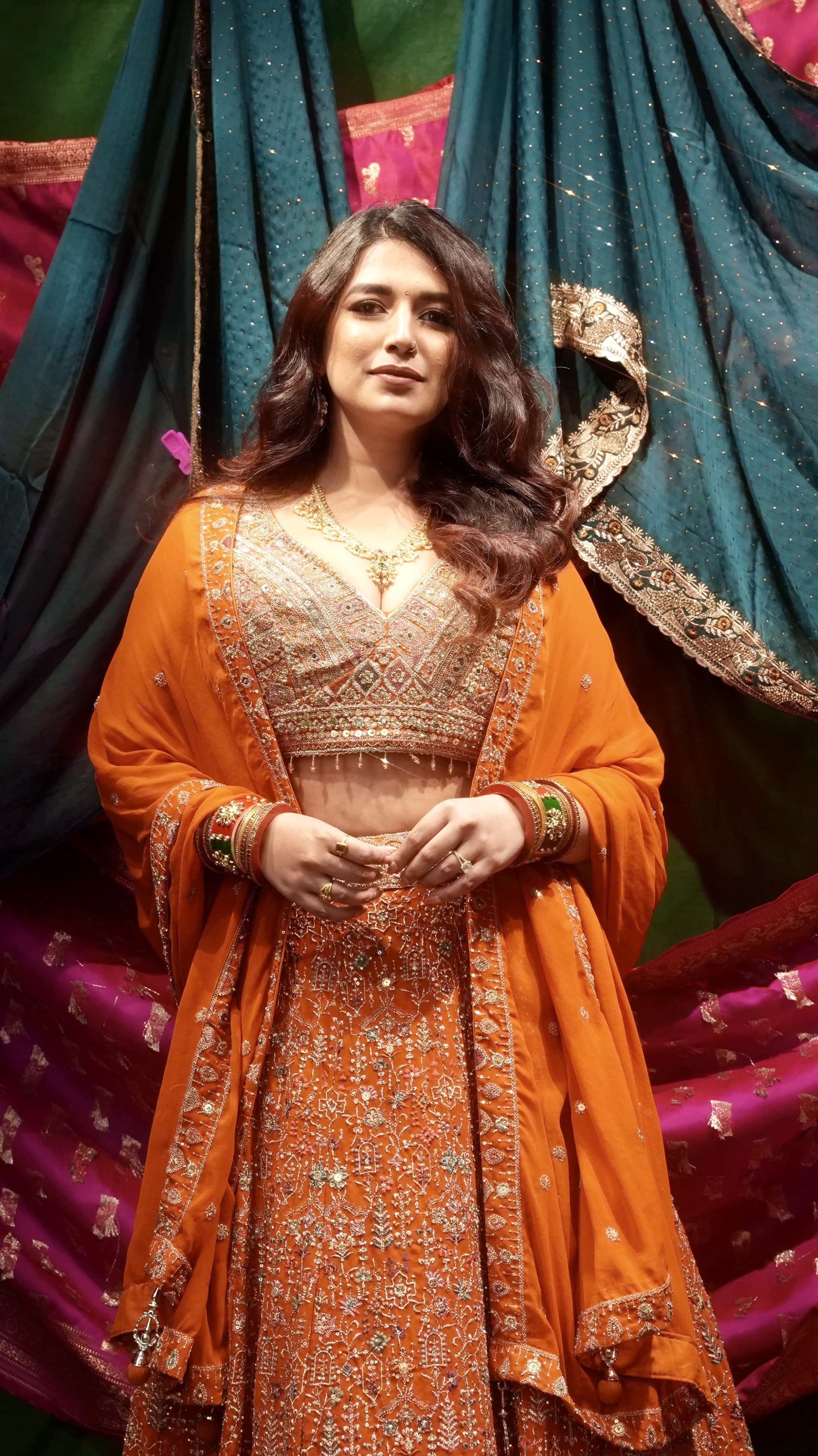 Priyanka Chopra Inspired Orange Georgette Lehenga Set with Heavy Embroidery & Dupatta