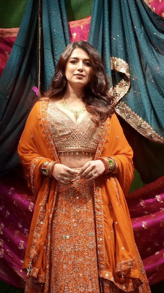 Priyanka Chopra Inspired Orange Georgette Lehenga Set with Heavy Embroidery & Dupatta