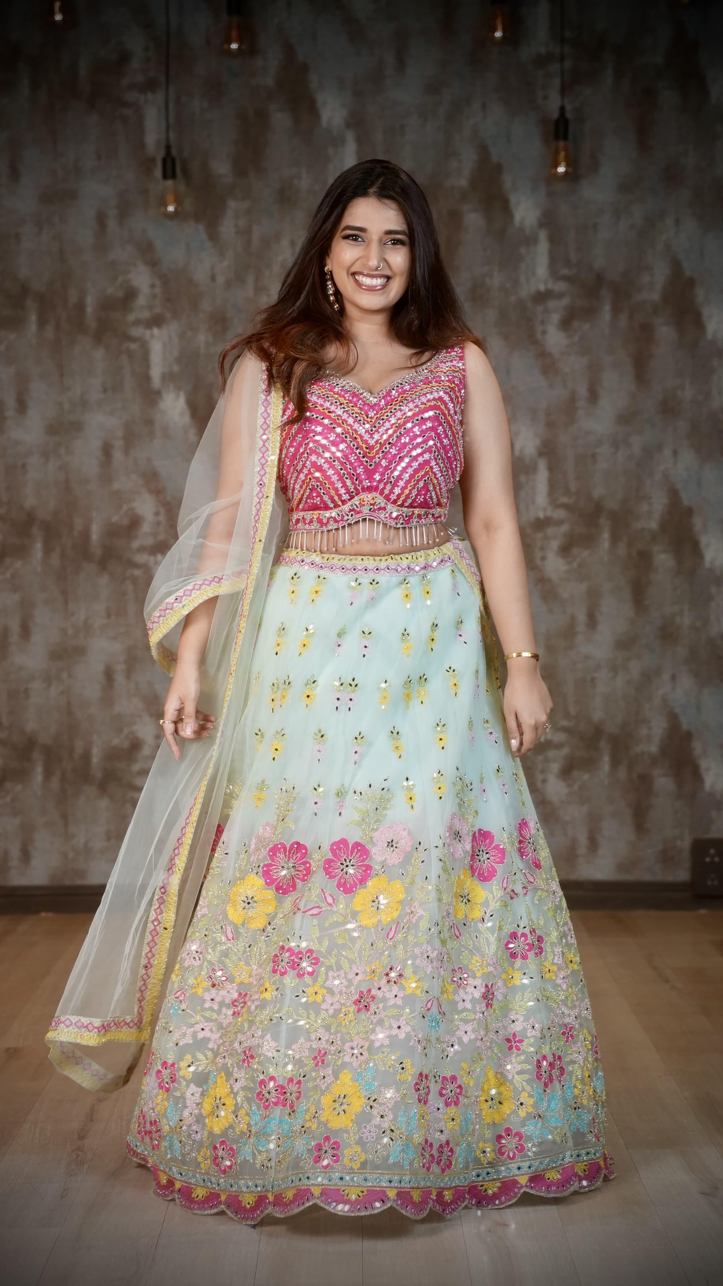 Pink & Mint Green Floral Embroidered Lehenga Choli Set with Mirror Work & Dupatta