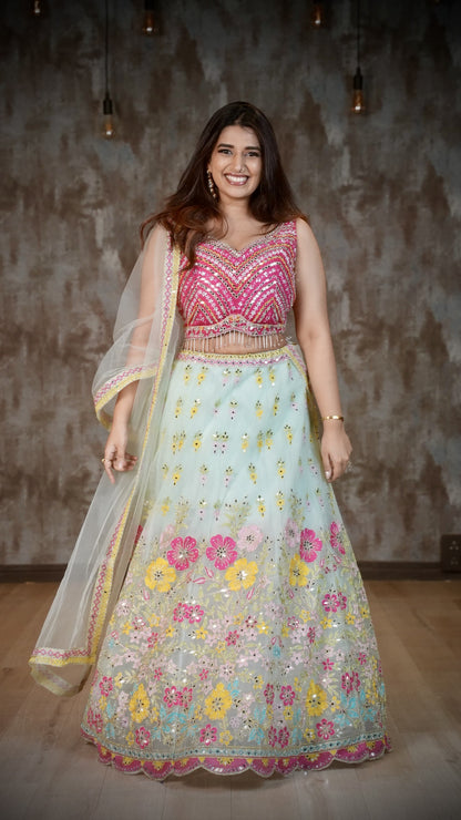 Pink & Mint Green Floral Embroidered Lehenga Choli Set with Mirror Work & Dupatta