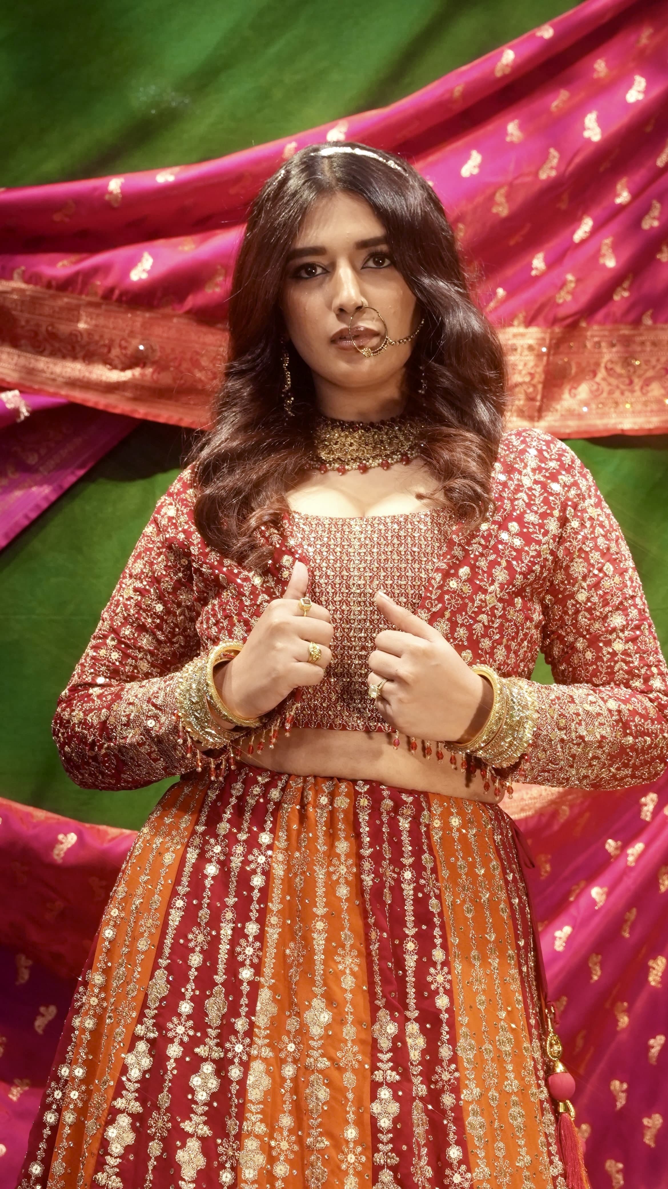 Orange & Magenta Embroidered Lehenga Set with Jacket for Wedding & Festive Wear