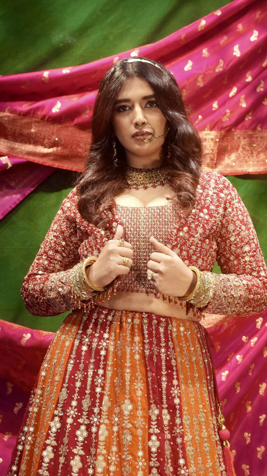 Orange & Magenta Embroidered Lehenga Set with Jacket for Wedding & Festive Wear