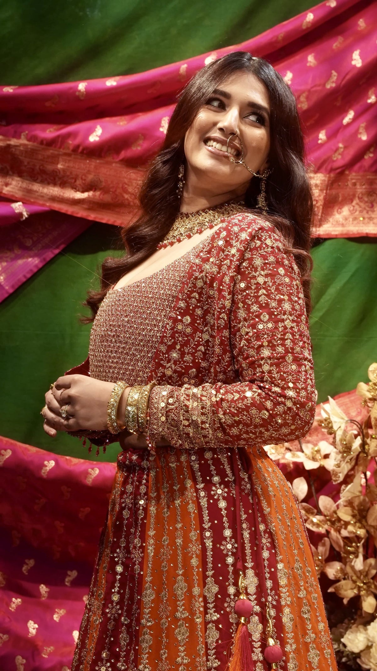 Orange & Magenta Embroidered Lehenga Set with Jacket for Wedding & Festive Wear