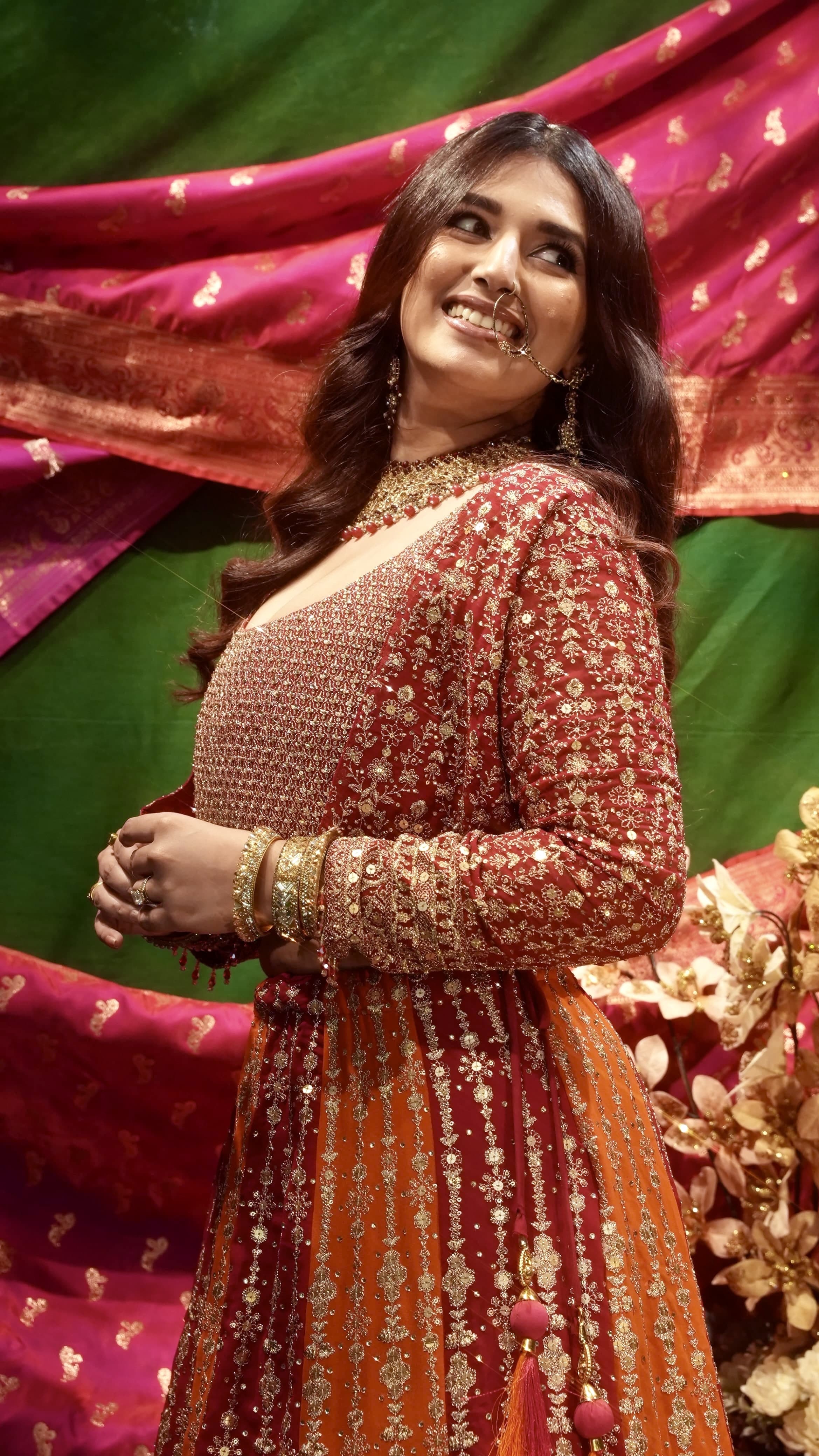 Orange & Magenta Embroidered Lehenga Set with Jacket for Wedding & Festive Wear