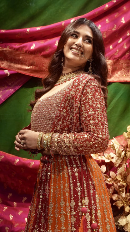 Orange & Magenta Embroidered Lehenga Set with Jacket for Wedding & Festive Wear
