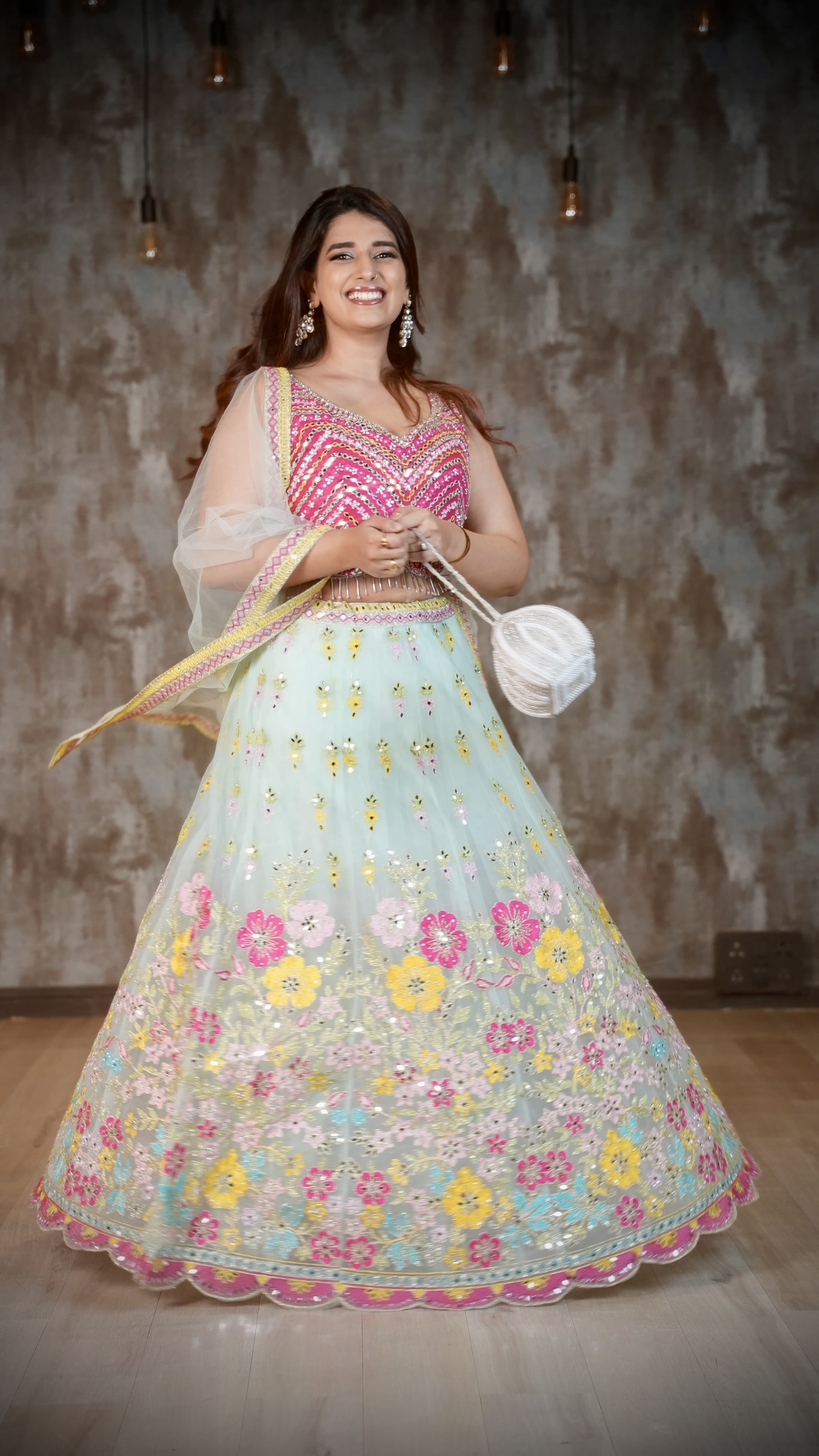 Pink & Mint Green Floral Embroidered Lehenga Choli Set with Mirror Work & Dupatta