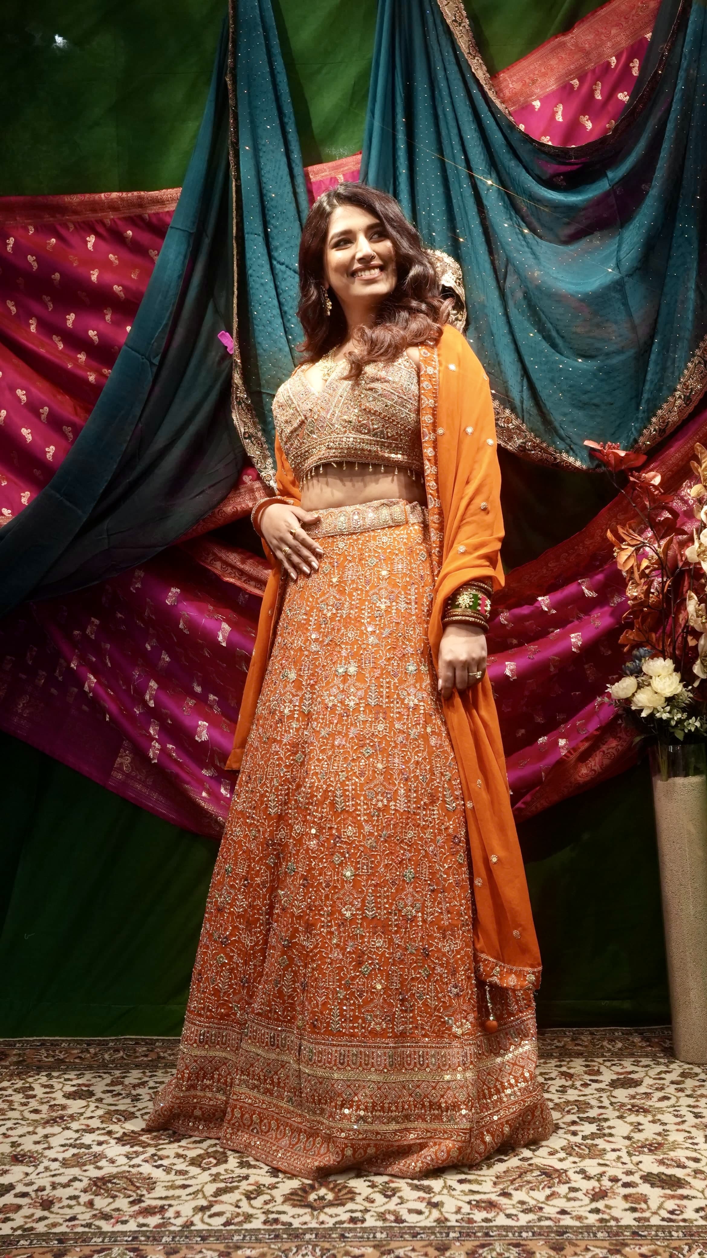 Priyanka Chopra Inspired Orange Georgette Lehenga Set with Heavy Embroidery & Dupatta