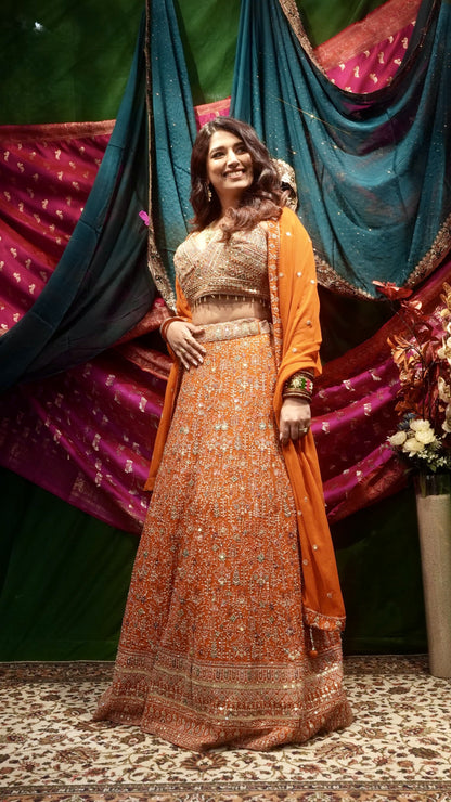 Priyanka Chopra Inspired Orange Georgette Lehenga Set with Heavy Embroidery & Dupatta