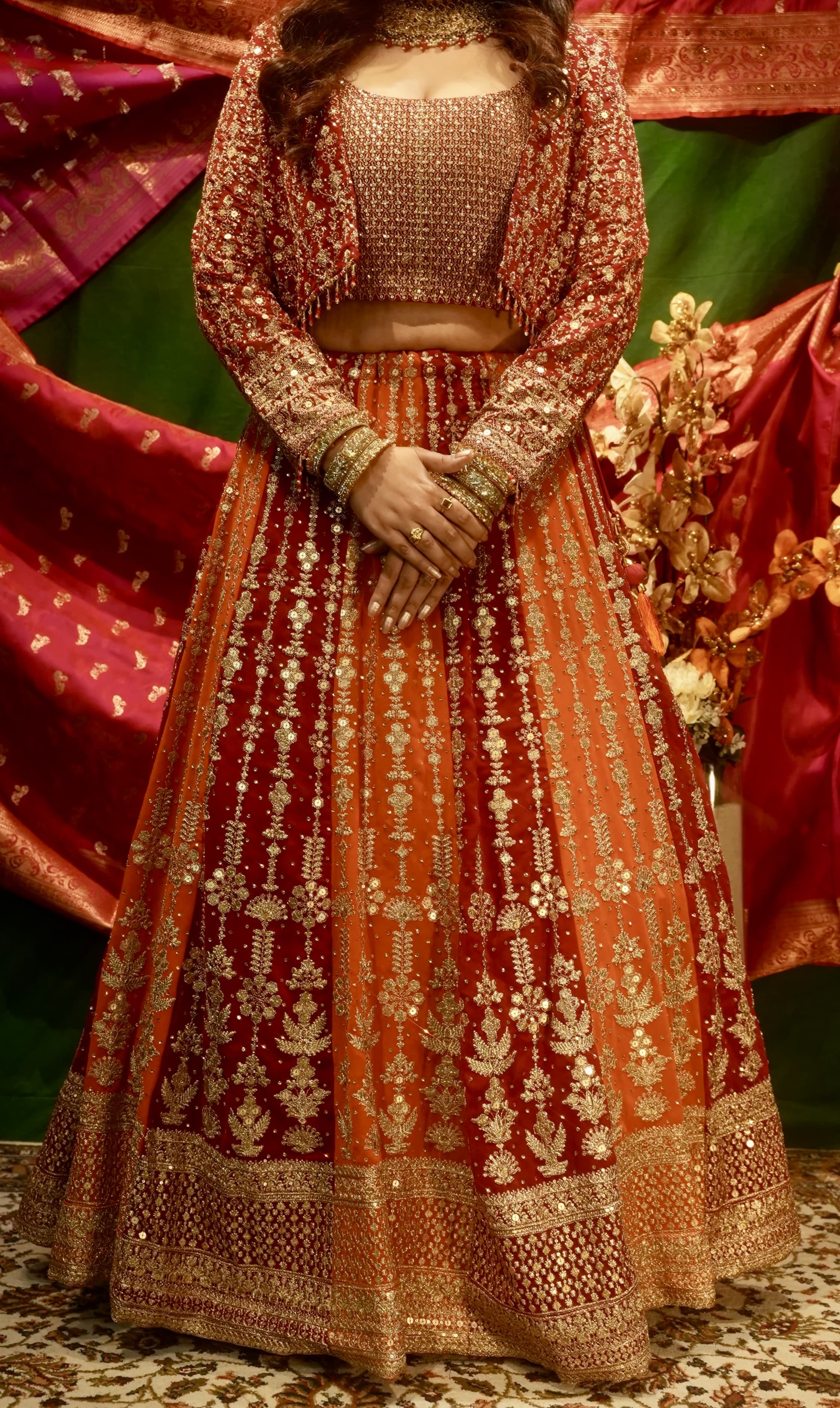 Orange & Magenta Embroidered Lehenga Set with Jacket for Wedding & Festive Wear