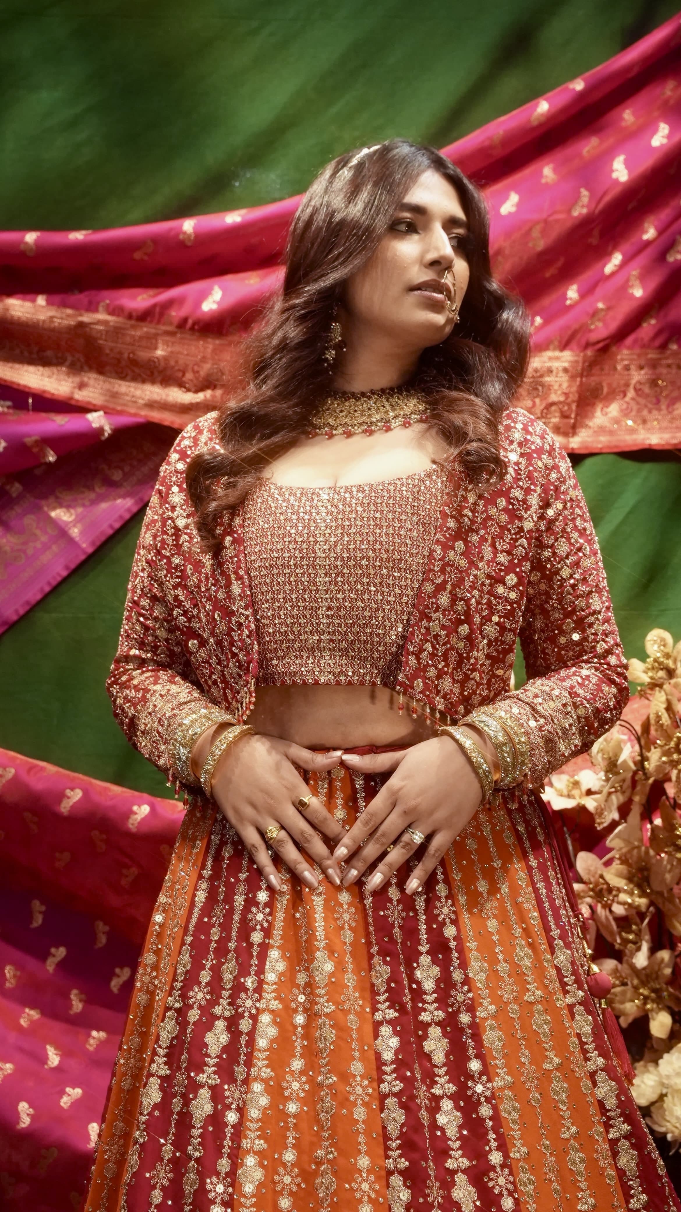 Orange & Magenta Embroidered Lehenga Set with Jacket for Wedding & Festive Wear