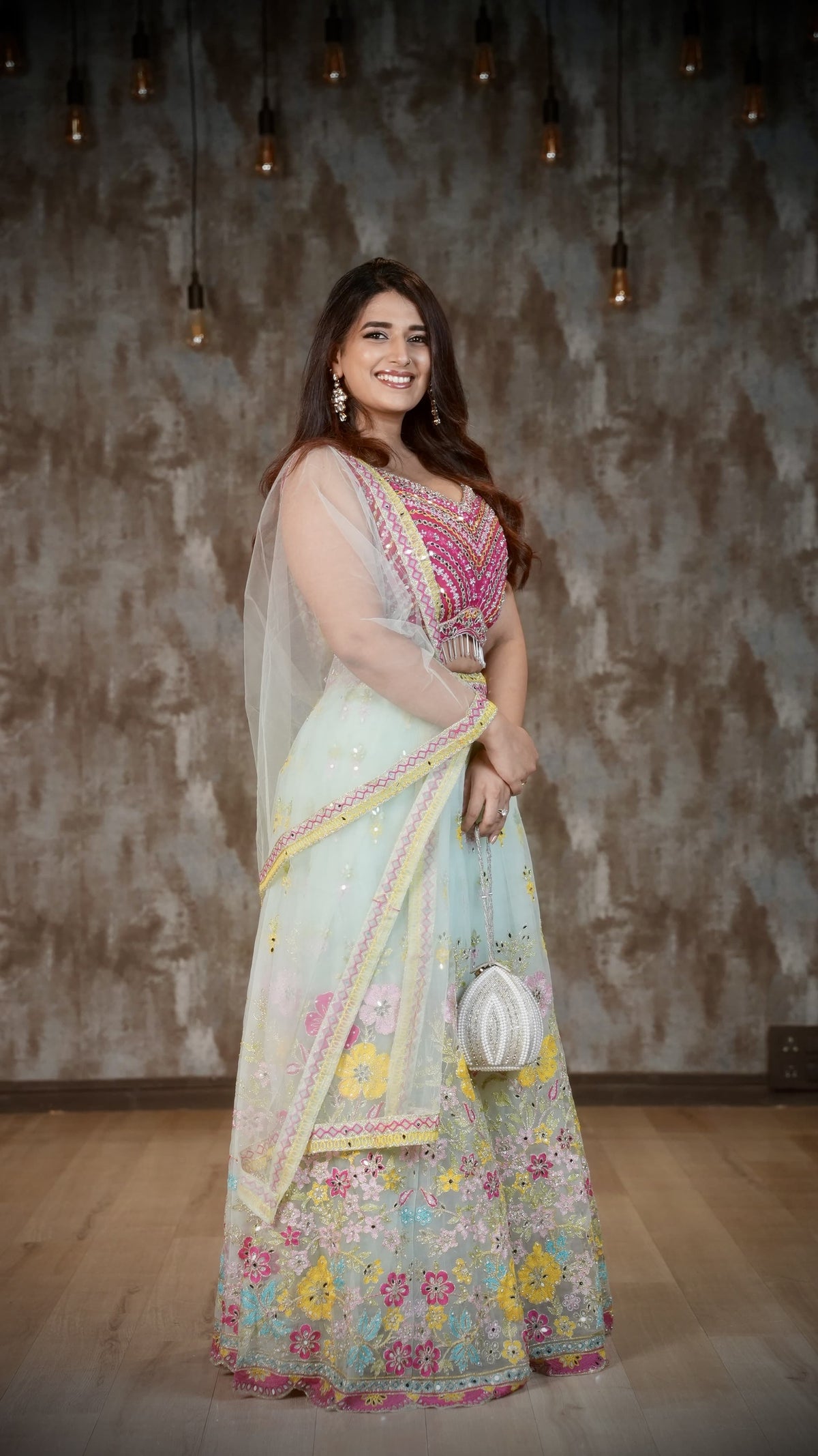 Pink & Mint Green Floral Embroidered Lehenga Choli Set with Mirror Work & Dupatta