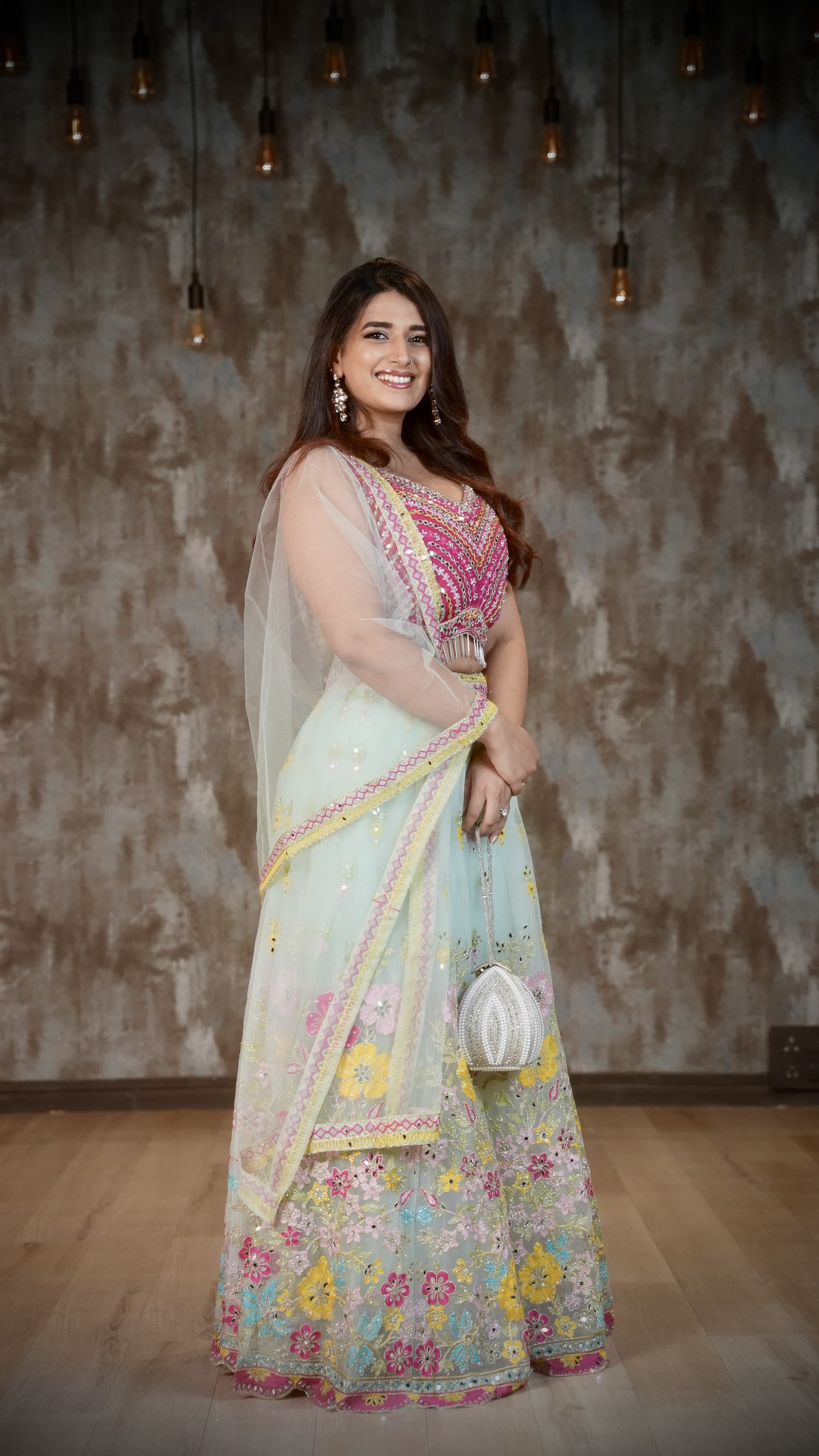 Pink & Mint Green Floral Embroidered Lehenga Choli Set with Mirror Work & Dupatta