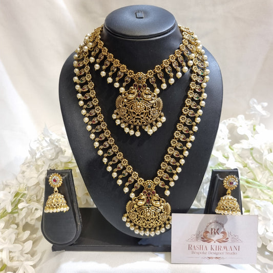 Temple Jewellery Rani Haar Set for Women – Antique Gold Bridal Necklace Set with Earrings | Wedding & Festive Wear