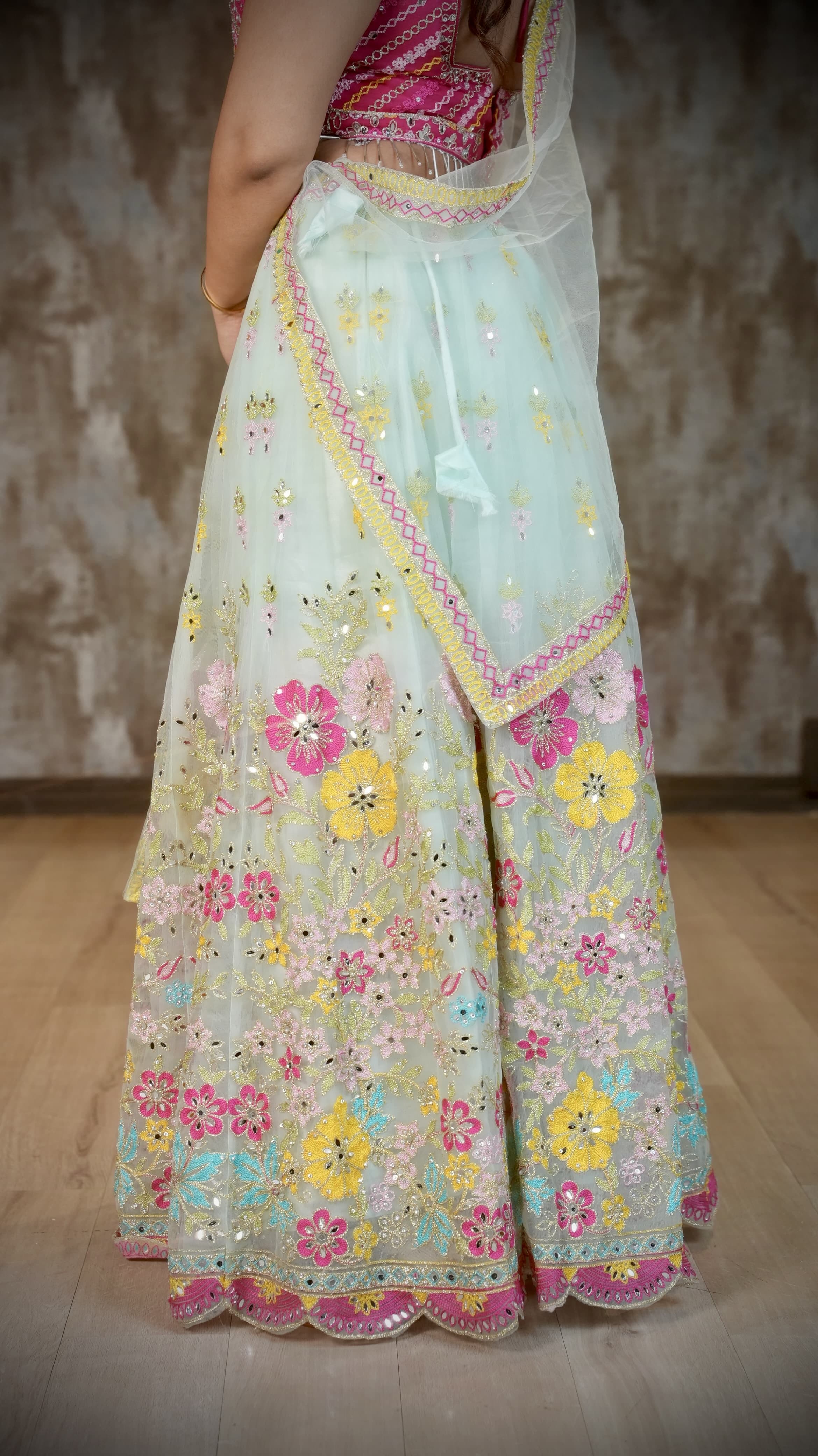 Pink & Mint Green Floral Embroidered Lehenga Choli Set with Mirror Work & Dupatta