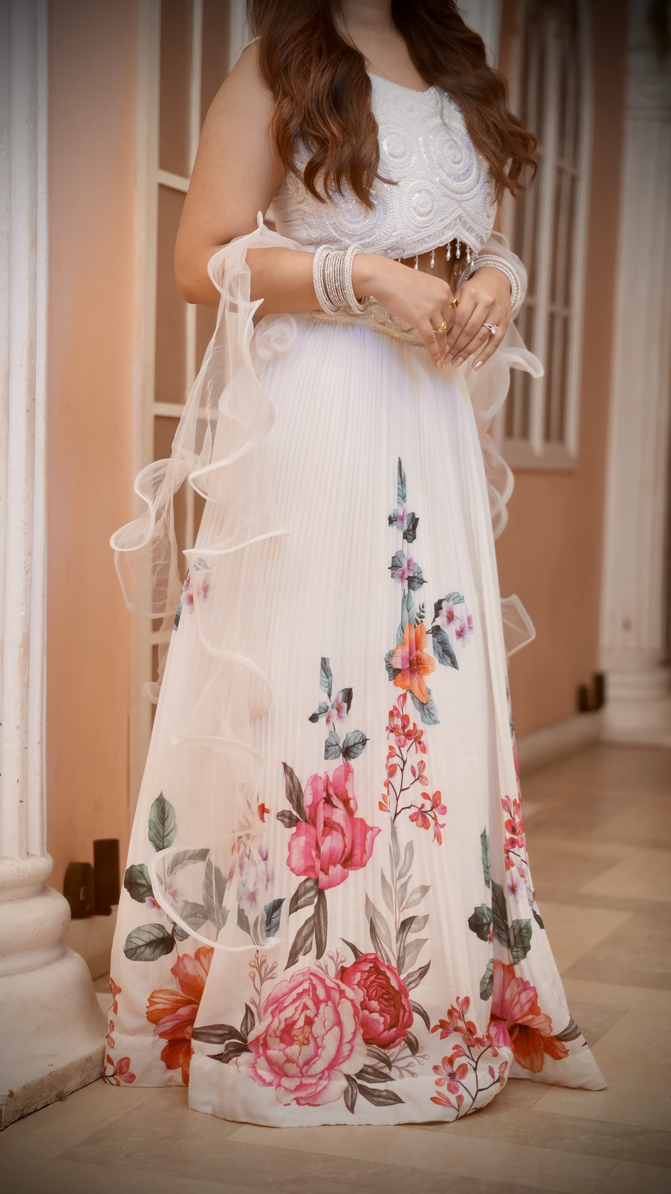 Ivory White Floral Printed Lehenga Choli Set with Pearl Embellished Blouse & Ruffle Dupatta